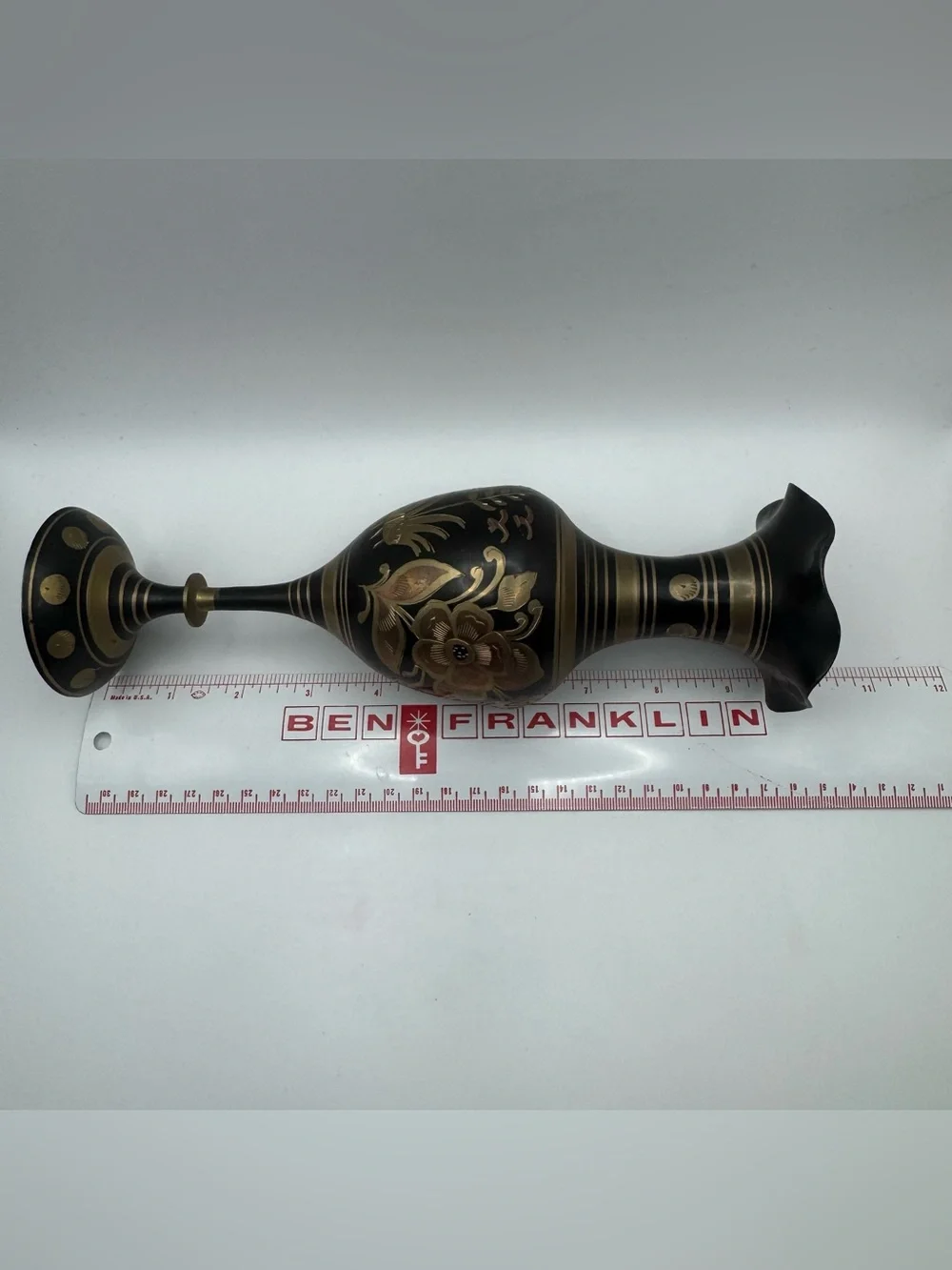 Vintage Indian Brass Vase Black Enamel Engraved Birds Floral Pedestal
